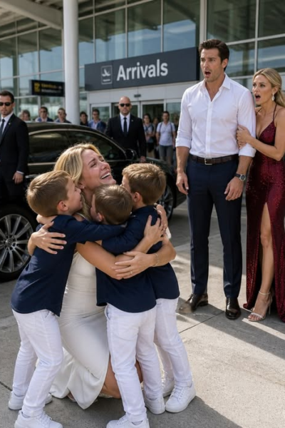 “My billionaire ex-husband sat beside me on a flight just to shame me—then three little boys stepped out of a Bentley and ran toward me, calling,